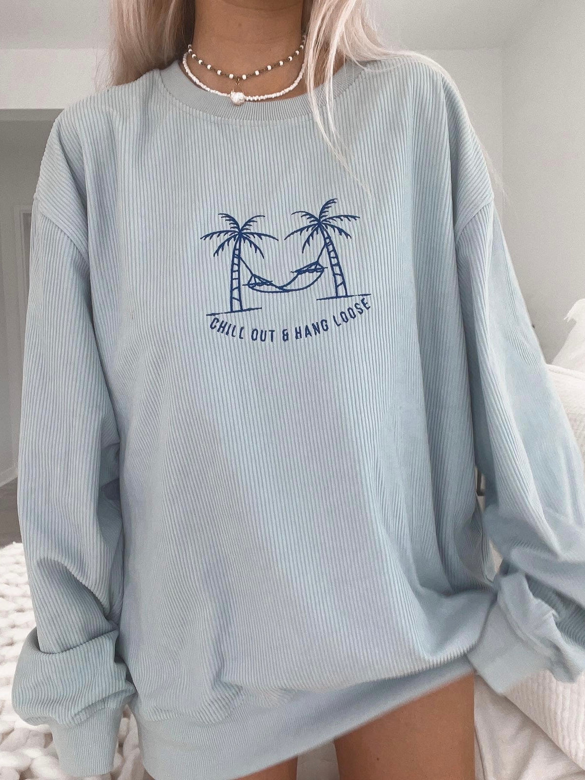 Chill Out and Hang Loose Corduroy Crewneck - Sunkissedcoconut