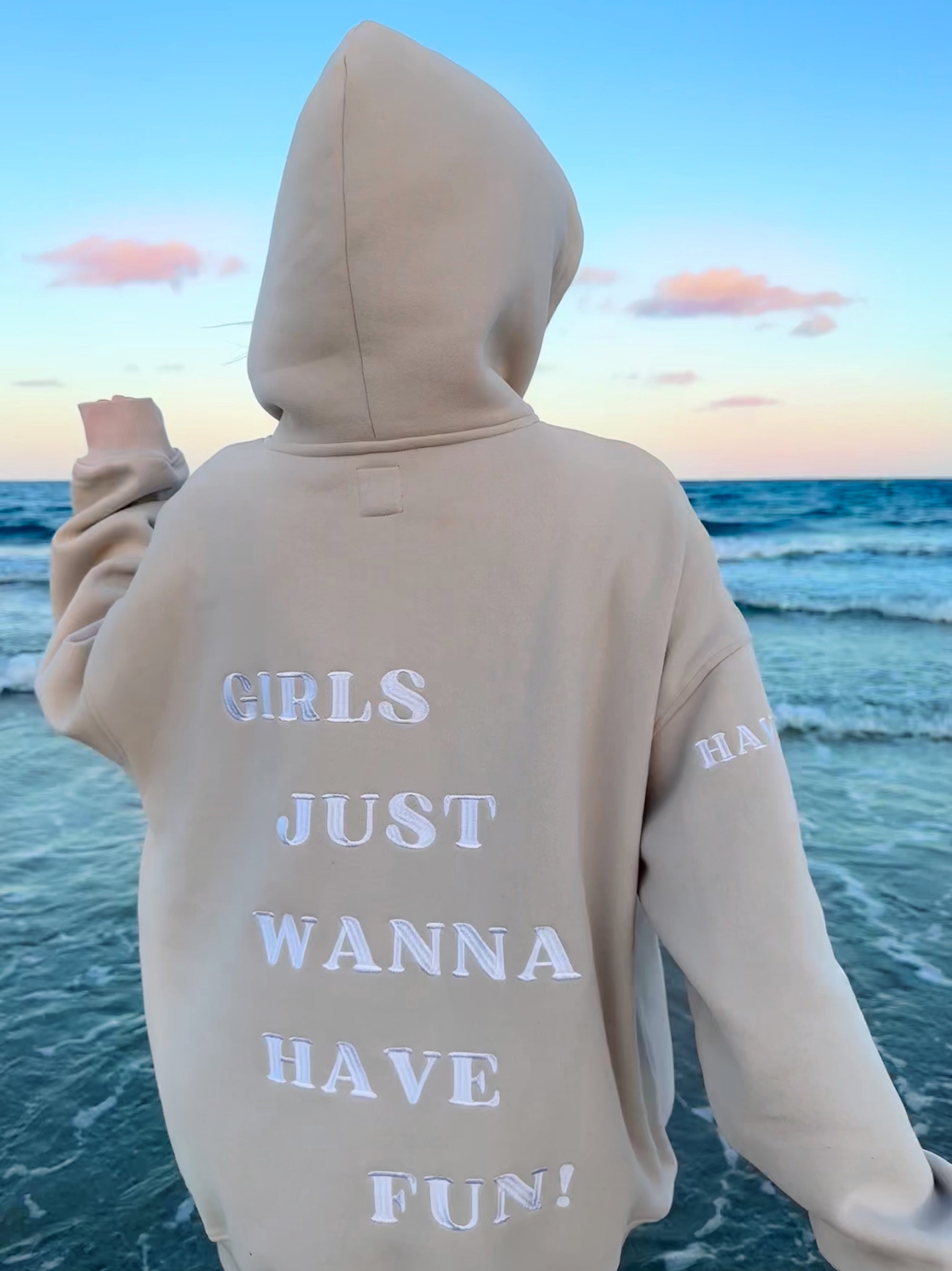 GIRLS JUST WANNA HAVE FUN EMBROIDER HOODIE - Sunkissedcoconut